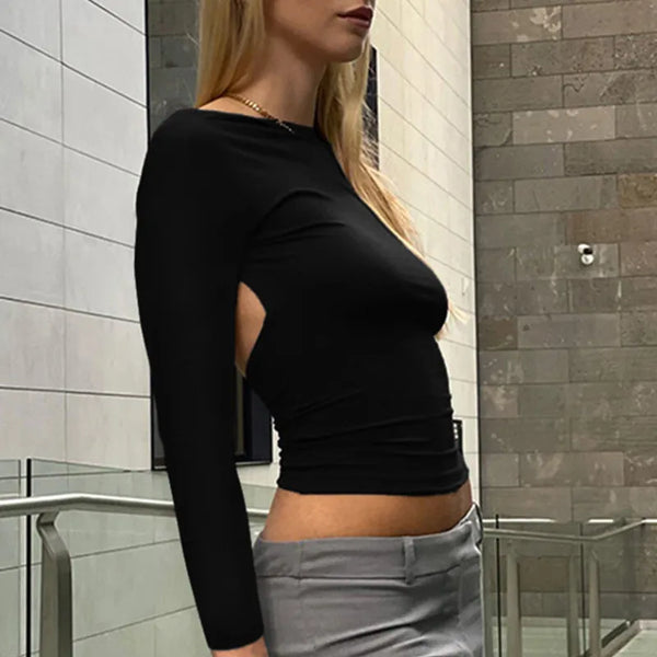 Sexy Long Sleeve Crop Top Women O-Neck Backless Casual Bodycon T-Shirt